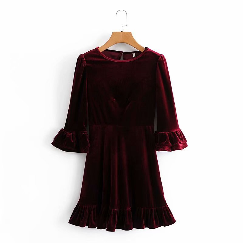 slim velvet ruffled three-quarter sleeves dress NSHS36994