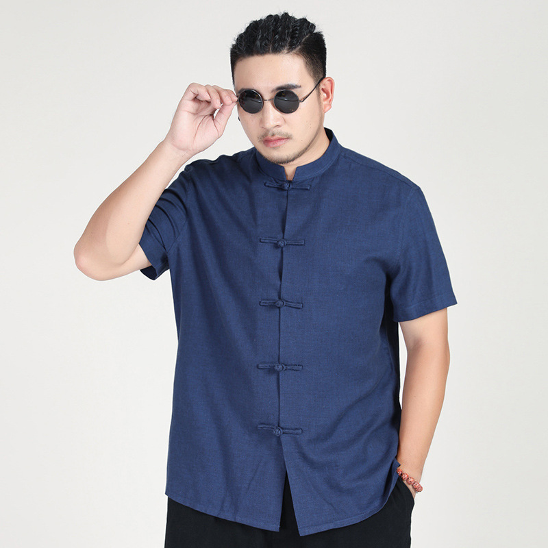 Amazon plus size Tang suit men's short-sleeved shirt casual loose linen buckle Tang suit plus size plus size shirt men's fat
