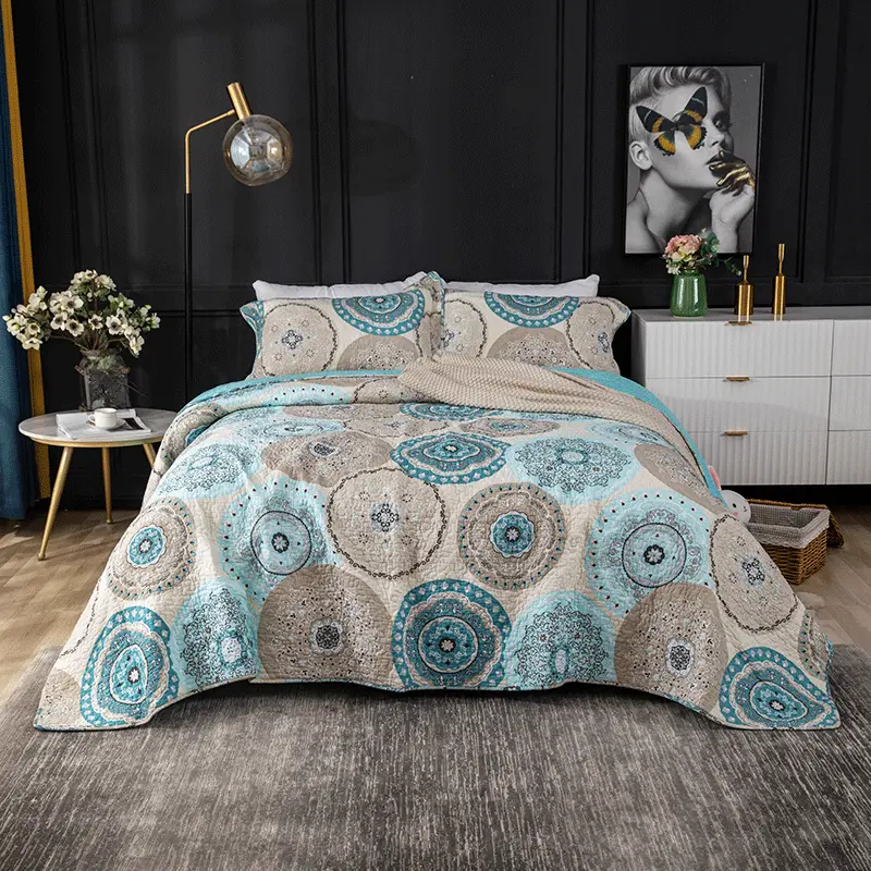 棉质夏凉被 2023千义汇新款棉质绗缝被三件套厂家家纺可水洗床盖