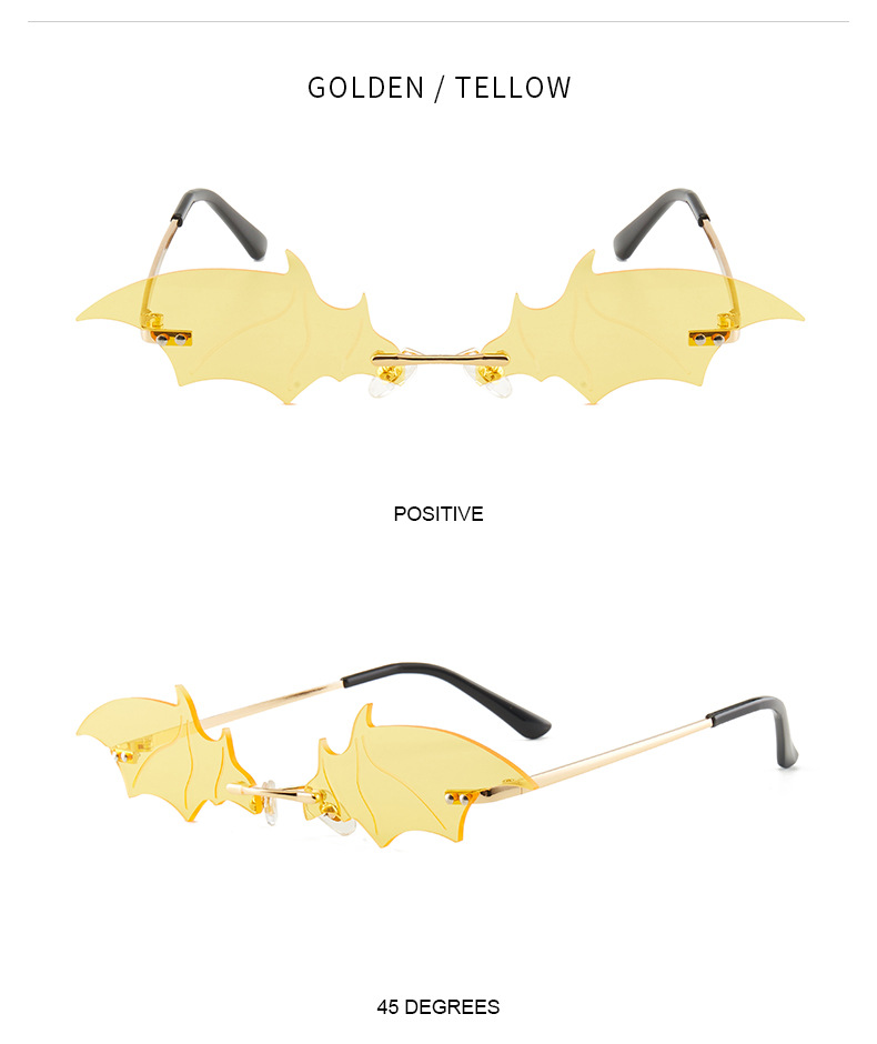 70g Weight Frameless Glasses Structure Sunglasses Classification PC, UV400 Protection Lens Material Special-Shaped Mirror Glasses Style Outdoor, Stage Occasion Halloween Festival Bat Pattern Unisex Gender Streetwear Style Gold Color Streetwear Bat PC UV400 Protection Special-Shaped Mirror Frameless Women's Sunglasses 7