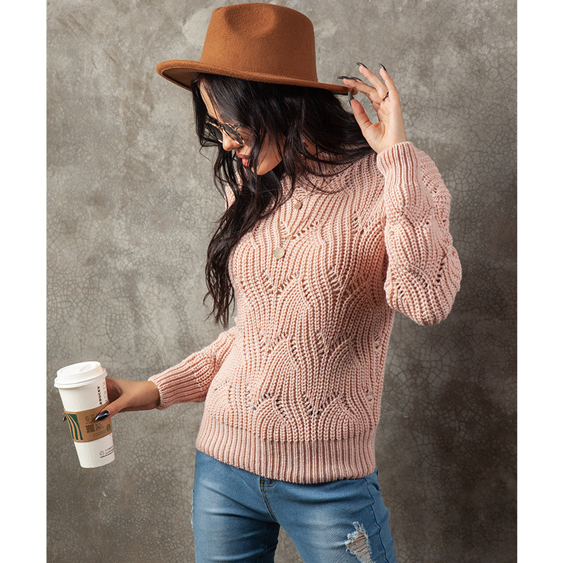 round neck solid color hollow knit sweater   NSSA26479