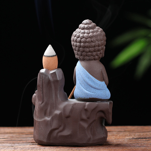 Creative backflow incense burner purple sand little monk mountain running water insert incense line incense burner ceramic incense channel home office ornaments