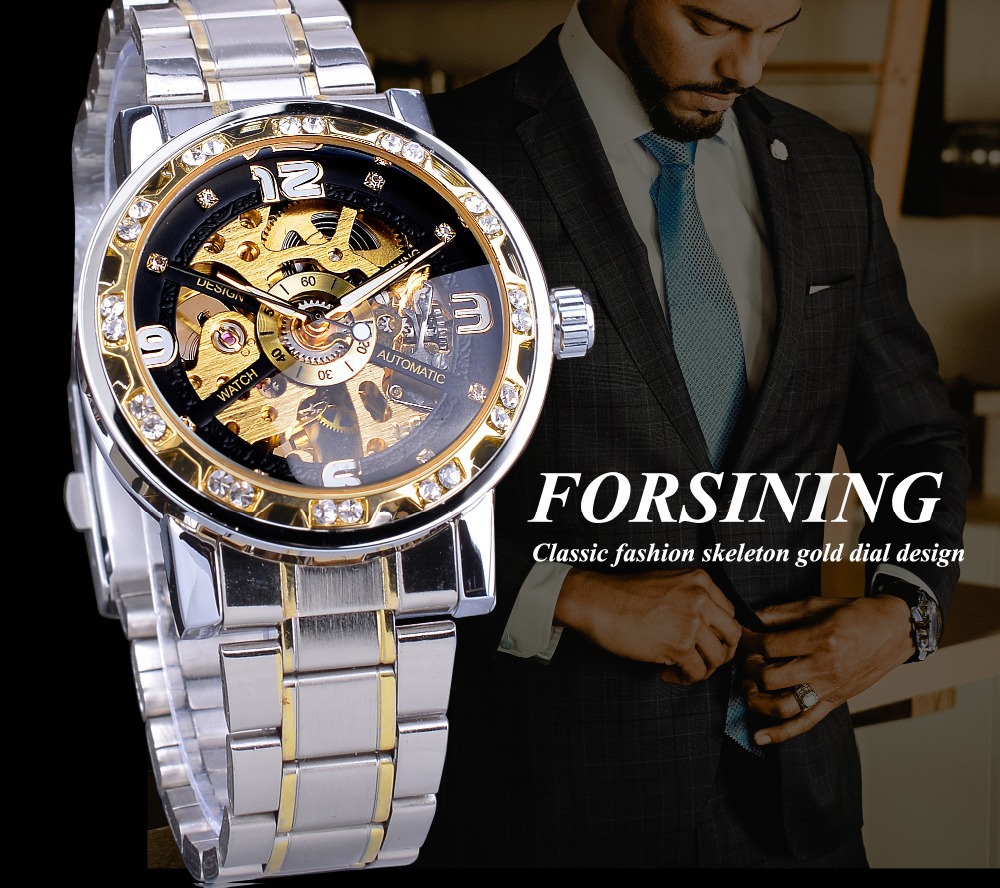 Forsining Watch Men's Fashion Casual Classic Popular Hollow Rhinestone Manual Mechanical Watch_voghion.com