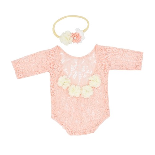 Newborn photography set including chiffon floral lace dress and pearl headband, two-piece set
