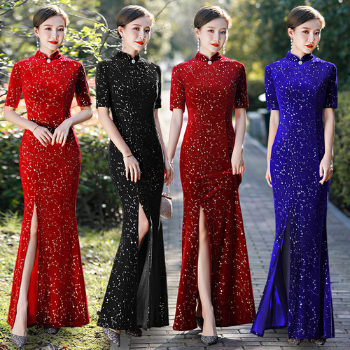 Women chinese dresses singers host performance Cheongsam fishtail dress velvet show banquet evening dress elastic body suit