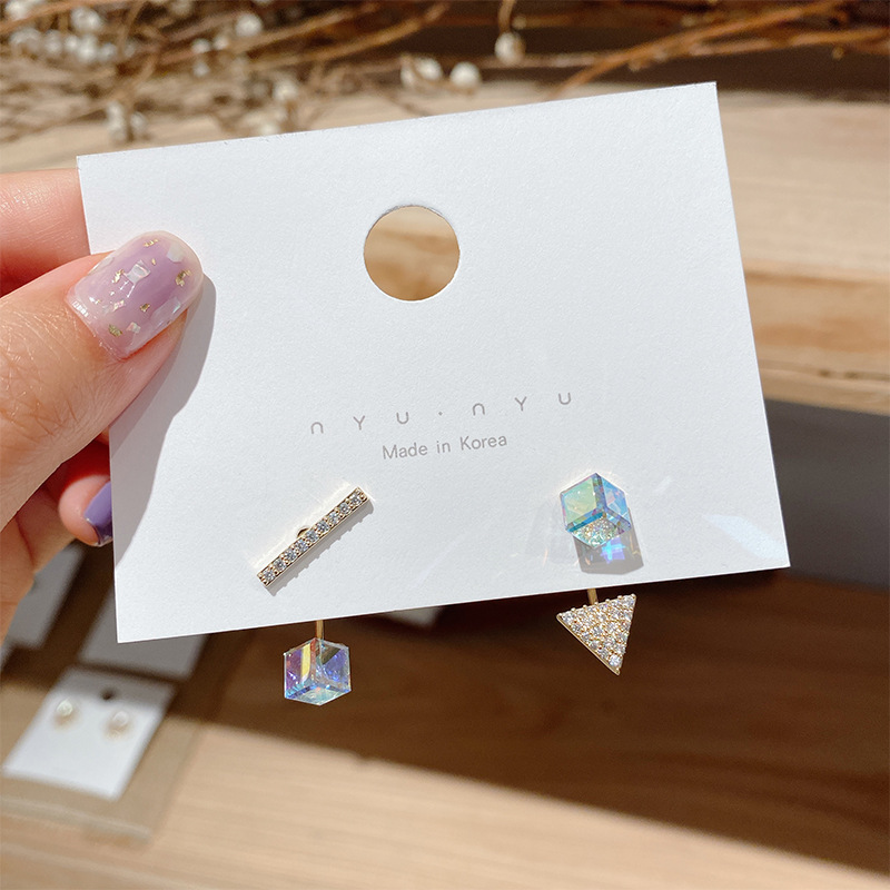 S925 Silver Needle Korea New Simple And Colorful Square Crystal Wild Asymmetric Alloy Earrings For Women display picture 2