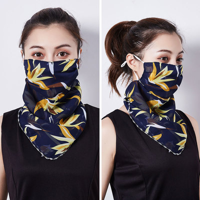 夏季防晒口罩护颈脖子防雾霾三角丝巾女士雪纺面纱挂耳式遮脸面罩