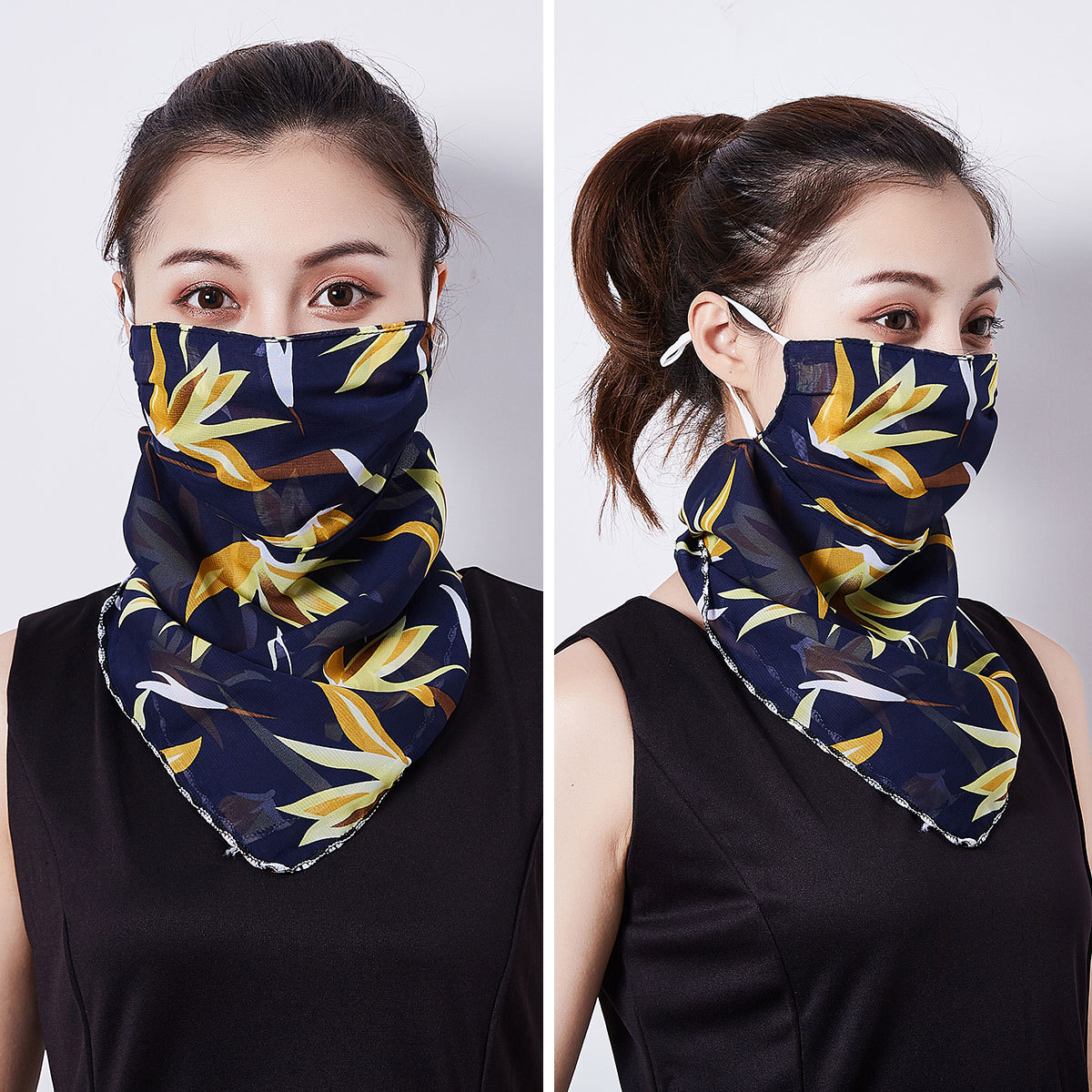 夏季防晒口罩护颈脖子防雾霾三角丝巾女士雪纺面纱挂耳式遮脸面罩