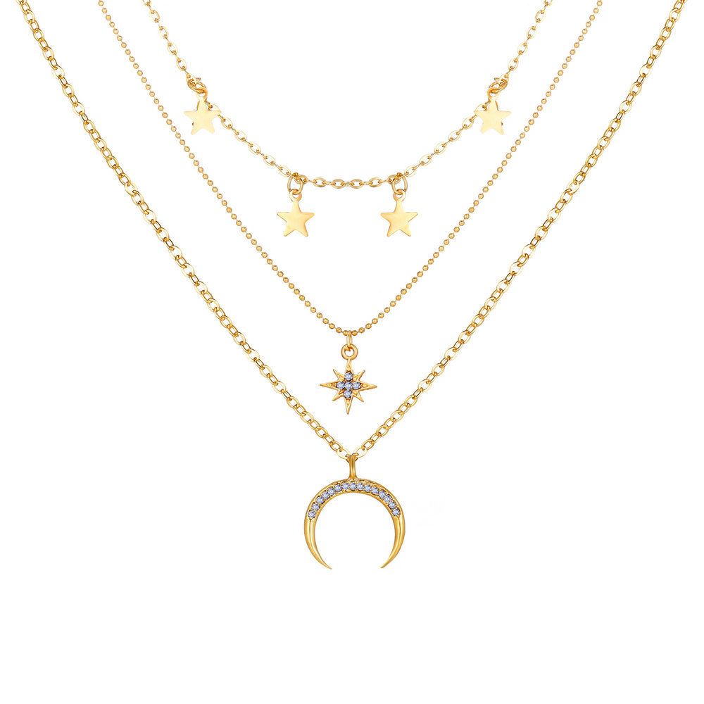 hot sale star crescent three-layer necklace creative retro simple alloy clavicle chain wholesale nih
