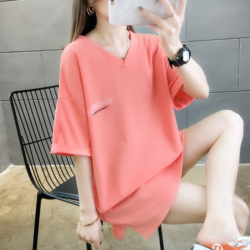 2084# 實拍 大碼寬松中長款V領短袖T恤女