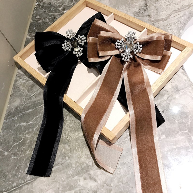 European And American Retro Velvet Ribbon Long Bow Tie Large Bow Diamond Collar Flower Shirt Accessories Korean Style Pin Brooch
