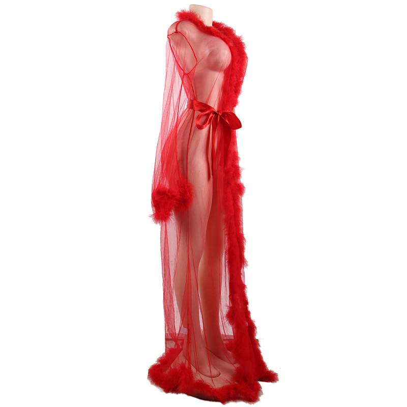 Red Color Sexy Plush Feather Long Sleeve Nightdress