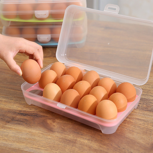 Kitchen multi-compartment refrigerator egg carton portable picnic storage box with lid plastic transparent color strip 15-compartment egg carton