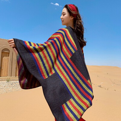 新款民族风彩色条纹披肩云南旅游拍照御寒披风两用开叉斗篷围巾女|ms