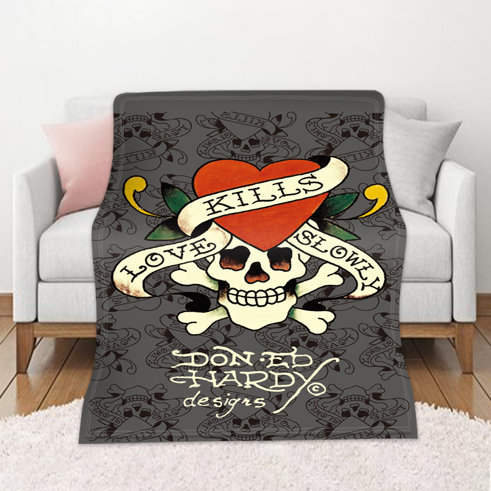 DIY定制骷髏毛毯秋冬保暖沙發(fā)蓋毯 高清數(shù)碼印花雙面法蘭絨空調(diào)毯