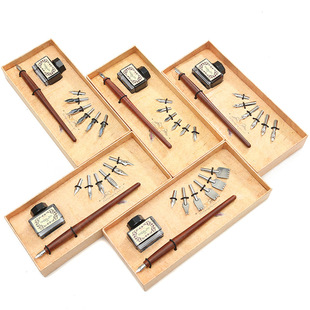 Factory Direct supply wooden dip pen teacher gift pen feather box ink 6 Nib retro pen suit