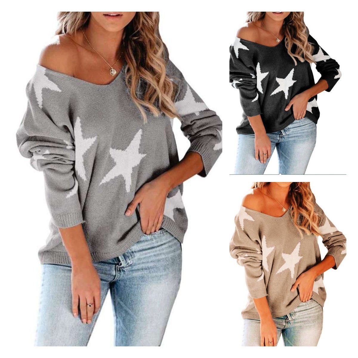 2024 neuer gestrickter OL Pendler-Pullover mit V-Ausschnitt und fünfzackigem Stern-Jacquardpullover für Damen_voghion.com