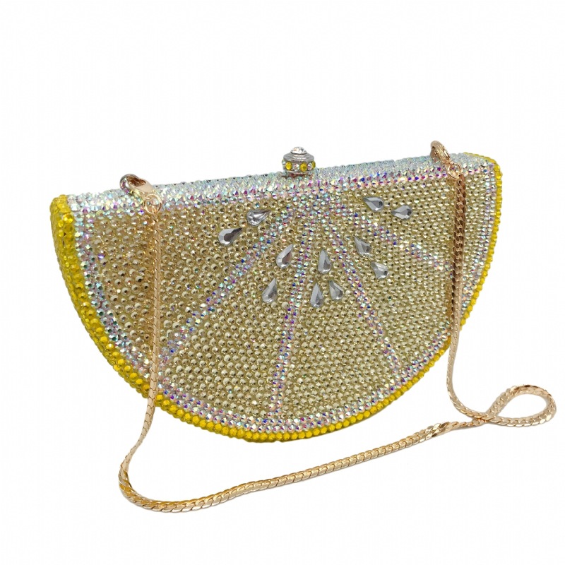Túi clutch nữ đính đá hình quả chanh, hộp cứng kim cương đáy phẳng, kèm dây xích 48 cm — Màu vàng chi tiết 14