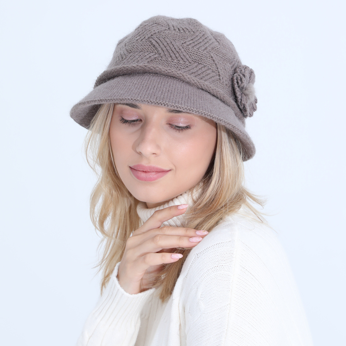 Gestrickte Damen Mütze Mit Kaninchenhaar Warm Für Den Winter_voghion.com