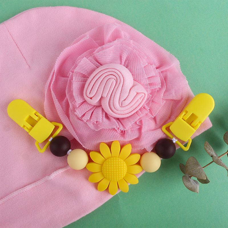 Bebé suministros girasol chupete cadena pañuelo clip bebé calmante silicona Juguete plástico clip de doble cabeza