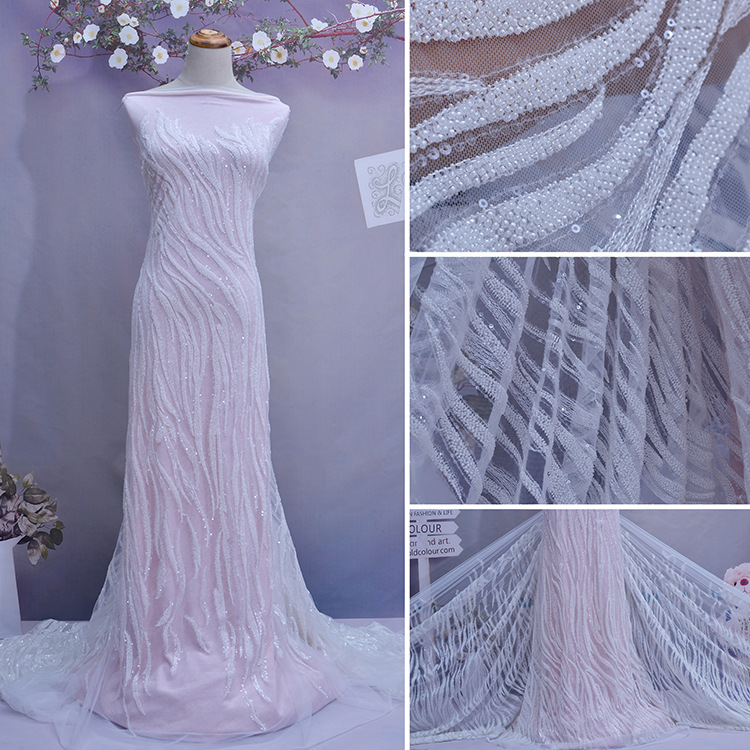 米白色奢华重工高品质串珠法式蕾丝婚礼蕾丝面料