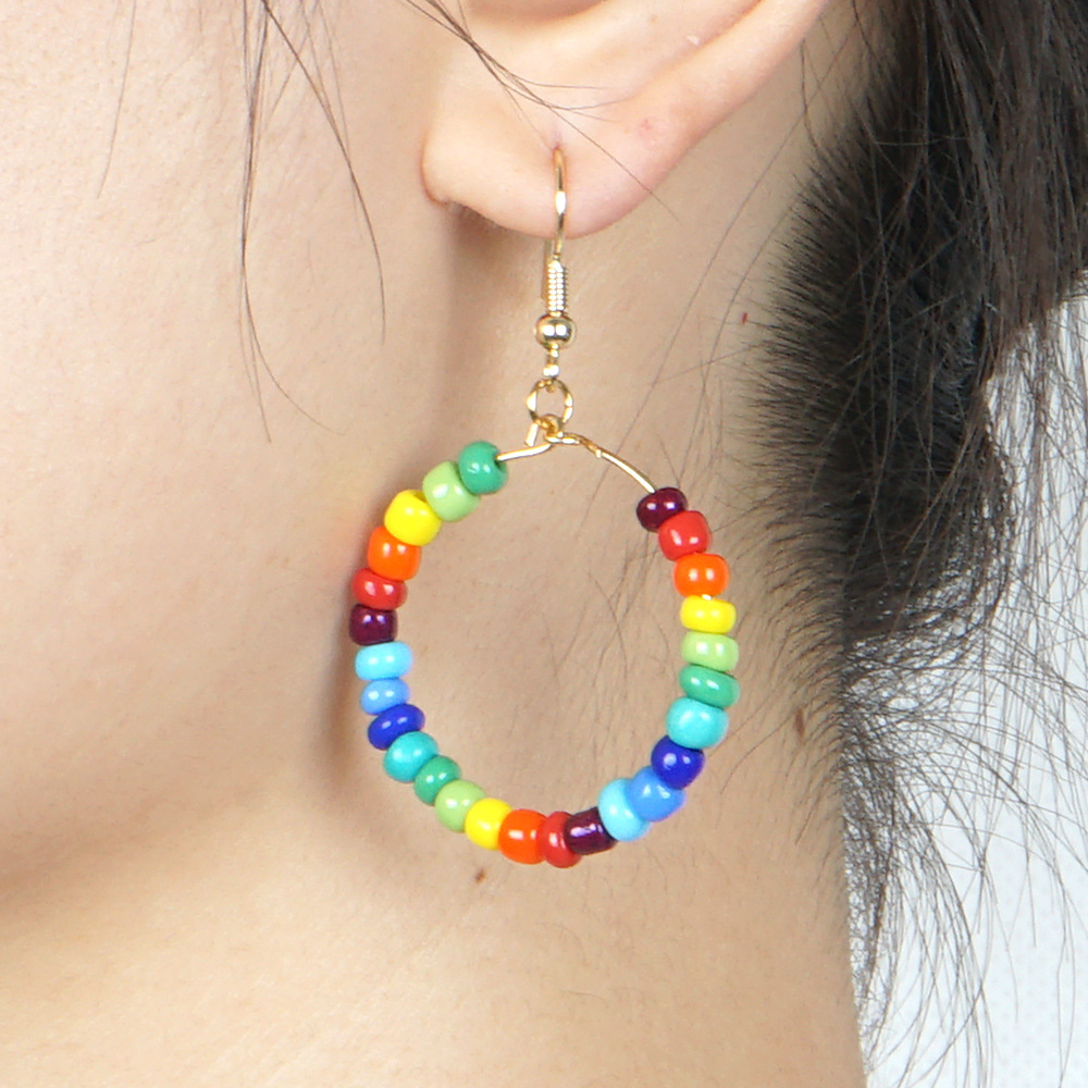 Fashion Bohemian Colorful Rice Bead Large Hoop Earrings display picture 1