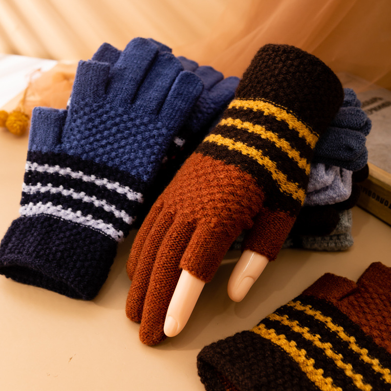 Dew two finger men's gloves ladies winter student writing work warm plus velvet knitting yarn cold riding cycling