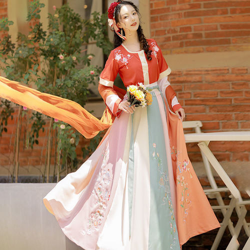 Tang Dynasty Hanfu dressfemale adult Gu Chaoxian heavy industry embroidery flat collar half arm waist length Ru skirt