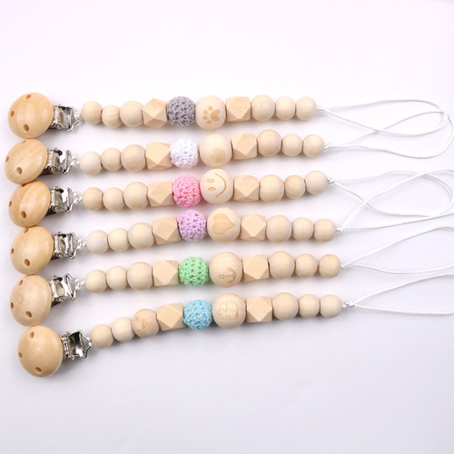 Foreign trade baby pacifier anti-drop chain clip anti-lost rope Amazon maternal and child supplies natural wooden pacifier chain