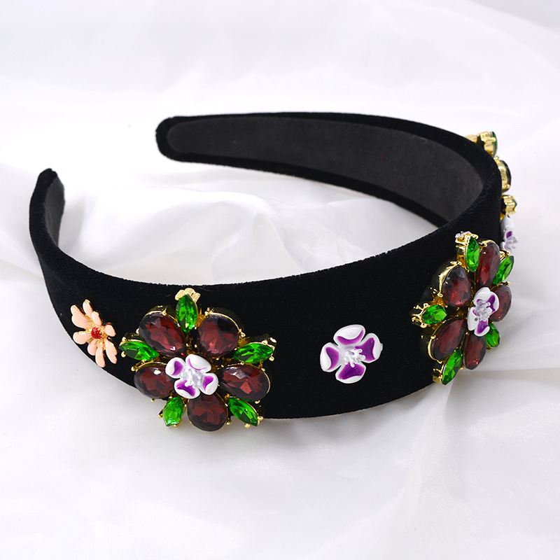 Plating Design Retro Style Black Color Hair Accessories Vintage Baroque Velvet Pearl Diamond Wide Headband
