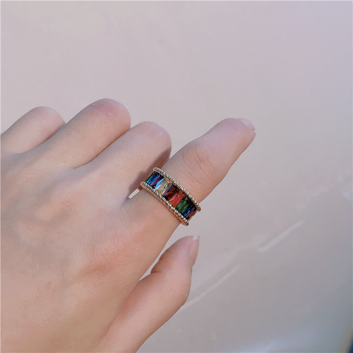 ins niche rainbow flash diamond ring female opening adjustable Korean internet celebrity temperament simple and versatile index finger ring