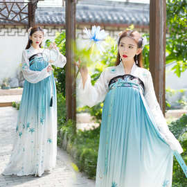 实拍中国风改良汉服女渐变印花刺绣对襟上衣一片式齐胸襦裙套装