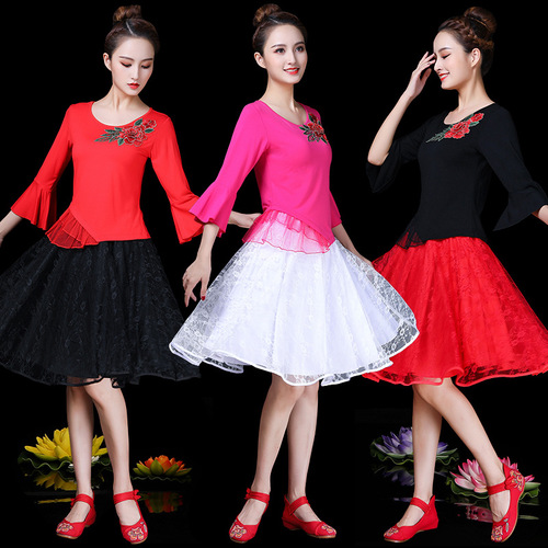  Red fuchsia Latin dance costume for women ballroom practice dresses yangko fan umbrella modal horn long-sleeved dancing tops and skirts for female 