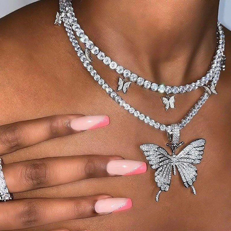 Cuban Butterfly Necklace Cross-border Water Diamond Butterfly Pendant Neck Chain Hip Hop Jewel Tennis Choker
