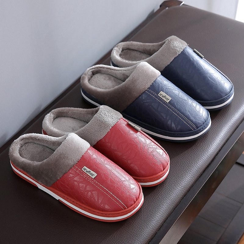 2021 autumn and winter new home waterproof pu cotton slippers couple indoor plush cotton slippers female month slippers