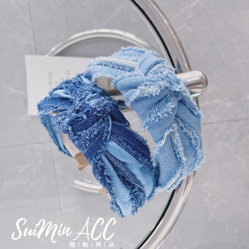 Korean style new fashion pleated brushed denim headband fabric wide-brimmed headband face wash hair cave hand-knotted hair bundle