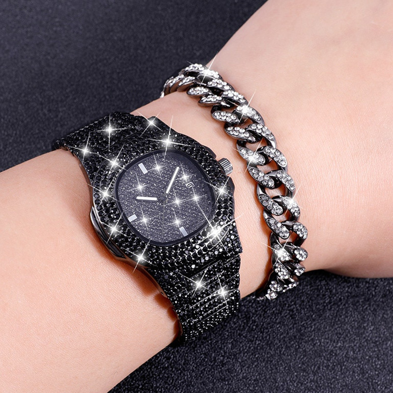 Set di braccialetti per orologio da uomo Set di 3 pezzi di gioielli per orologi stile hip-hop, collana con bracciale per orologio quadrato pieno di diamanti_voghion.com