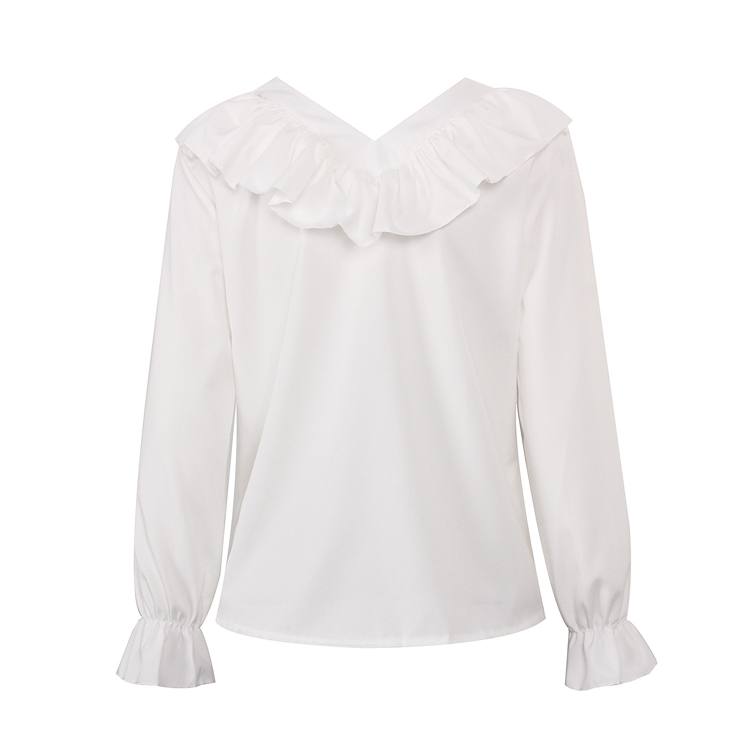 V-neck ruffled single-breasted flared sleeve chiffon shirt  NSMY15934