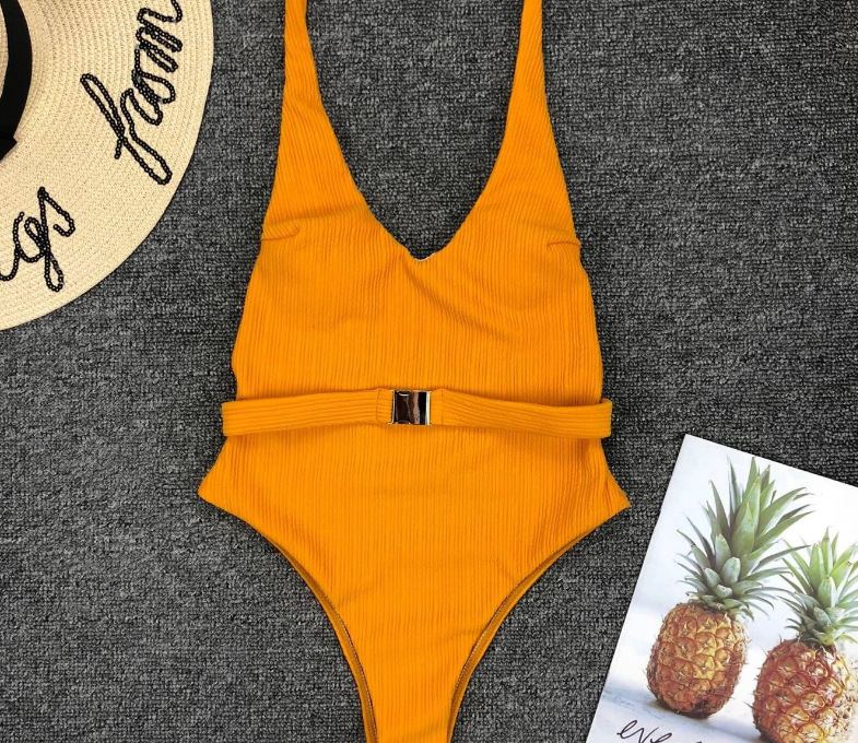 2019 Foreign Trade Popular Women's One-piece Swimsuit European And American Solid Color Special Cloth Belt Buckle One-piece Bikini