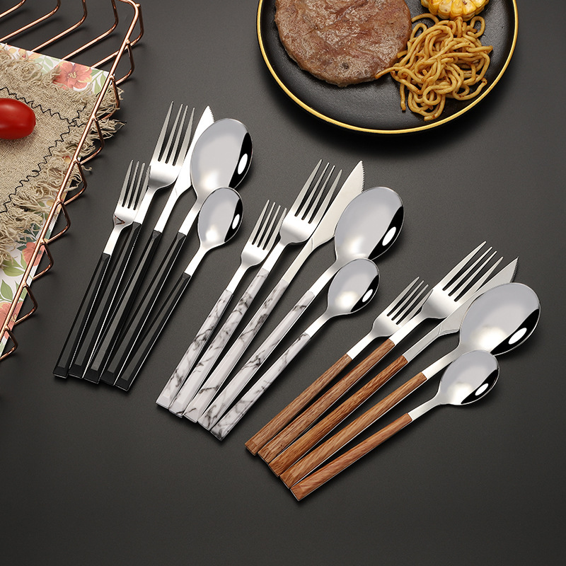 Amazon Cross-border Imitation Wood Grain Clip Handle Tableware Set Stainless Steel Long Korean Western Steak Knife, Fork and Spoon Hotel Amazon Cross-border Imitation Wood Grain Clip Handle Tableware Set Stainless Steel Long Korean Western Steak Knife, Fork and Spoon Hotel