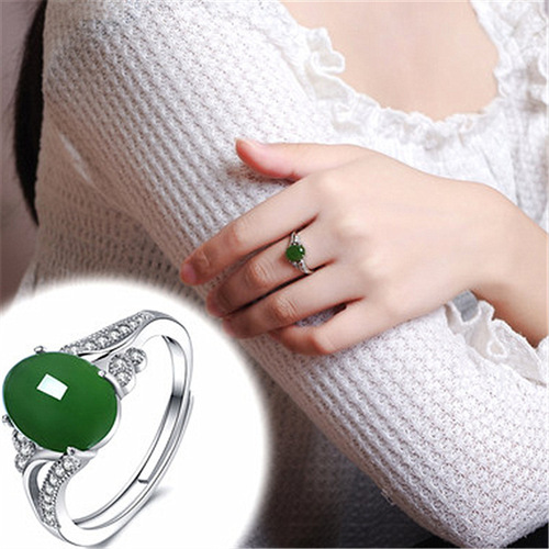 Natural Hetian jade jasper silver plated emerald open ring cabochon emerald green chalcedony ring