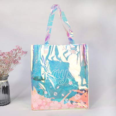 pvc镭射手提袋定制时尚透明防水购物收纳袋幻彩化妆品包装袋定做|ms