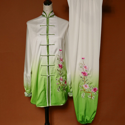 Tai chi clothing chinese kung fu uniforms Men and women Embroidery team elegant competition of gradient green Taifu shows a three piece suit with green and white transition