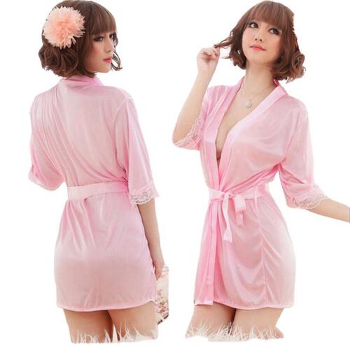 Sexy lingerie, sexy ice silk bathrobe, nightgown, kimono, pajamas, foreign trade steaming suit, large size cherry temptation