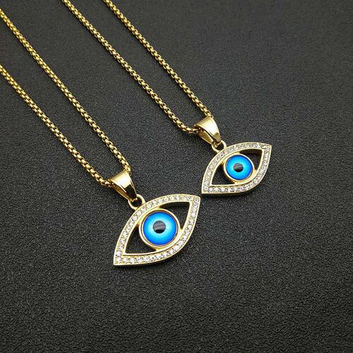 European and American Cross-Border Hip-Hop Jewelry Hip-Hop Earrings and Necklace with Titanium Steel, Gold Plating, and Diamond-Embedded Turkish Blue Eyes