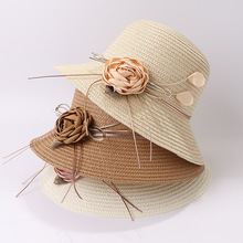 新款女士帽子 夏天防晒遮阳帽沙滩小清新草帽 海边花朵渔夫帽