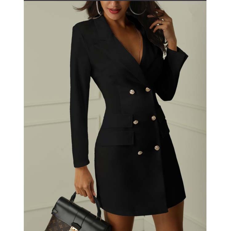 冬显瘦纯色外贸女装wish气质通勤短裙双排扣西装面料外套连衣裙装