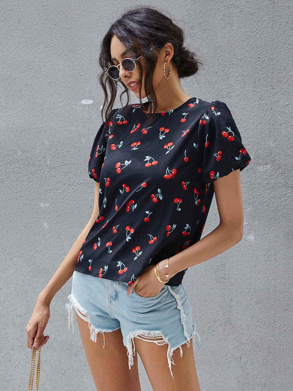 summer new fashion casual cherry print horn short-sleeved loose top NSDF390