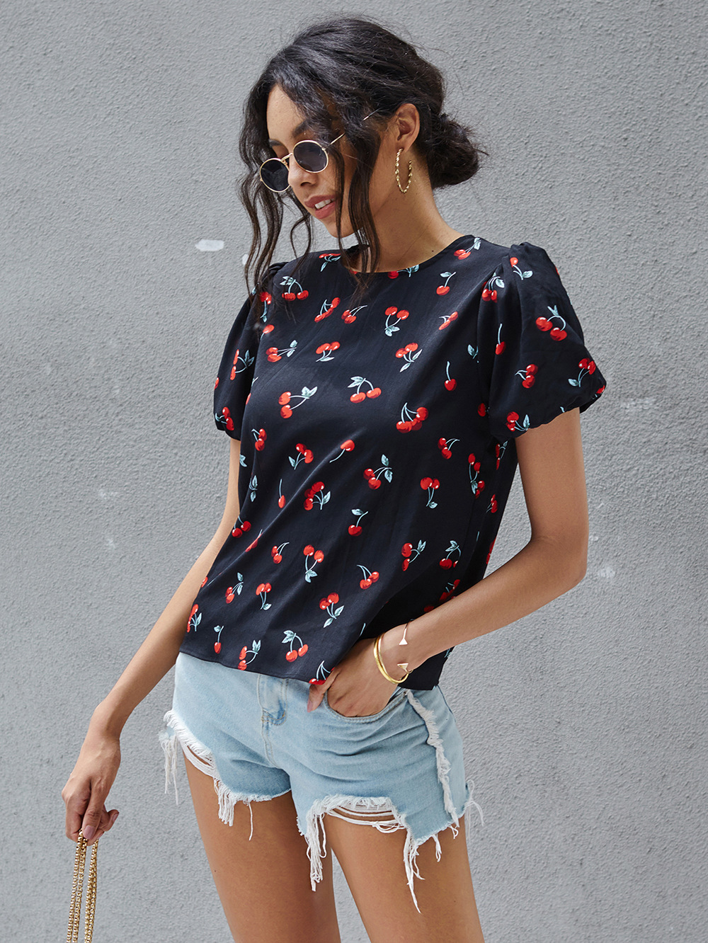 summer new fashion casual cherry print horn short-sleeved loose top  NSDF390