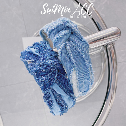 Korean style new fashion pleated brushed denim headband fabric wide-brimmed headband face wash hair cave hand-knotted hair bundle